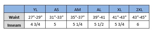 Waist and inseam size chart